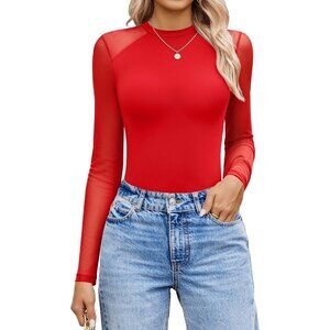 Women's Long Sleeve Bodysuit Dark Red Crew Neck One Piece Shirt Leotards Tops